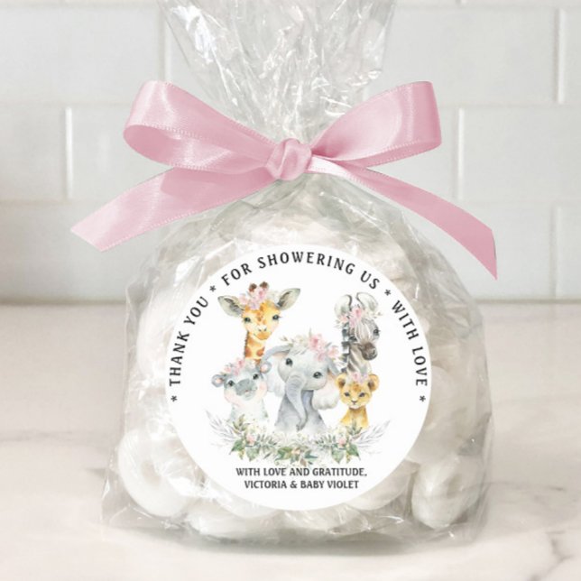 Sticker Rond Baby shower Girl Sweet Safari (Girl safari baby shower favor tags.)