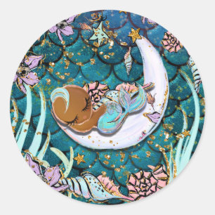 Sticker Rond Baby shower Glam Dark Mermaid Gold Parties scintil