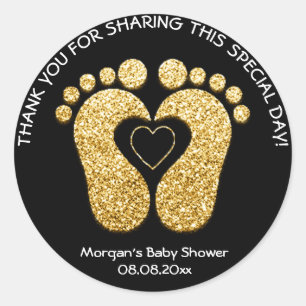 Sticker Rond Baby shower Gold Heart Pieds Favoriser Merci Noir