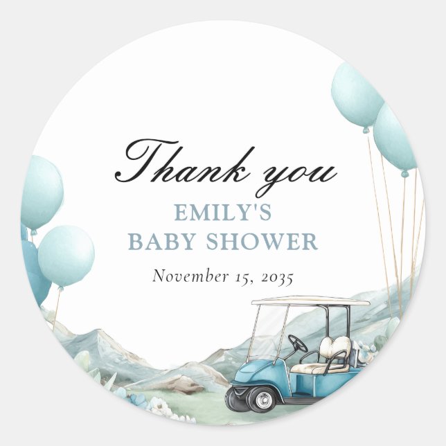 Sticker Rond Baby Shower Golf Let's Par-tee Bleu (Devant)