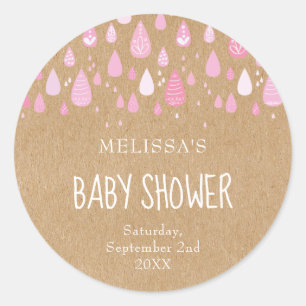 Sticker Rond Baby shower gouttes de pluie rose bébé kraft rusti