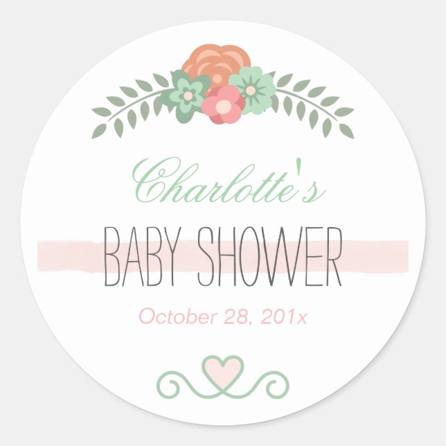 Sticker Rond Baby shower gracieux Chic Rose rose Turquoise Flor (Devant)