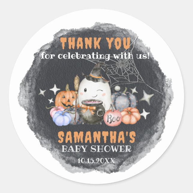 Sticker Rond Baby shower Halloween Petit Boo Citrouille Merci (Devant)