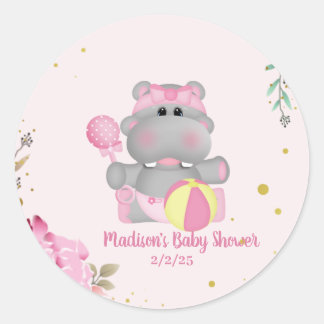 Sticker Rond Baby shower hippo floral mignon