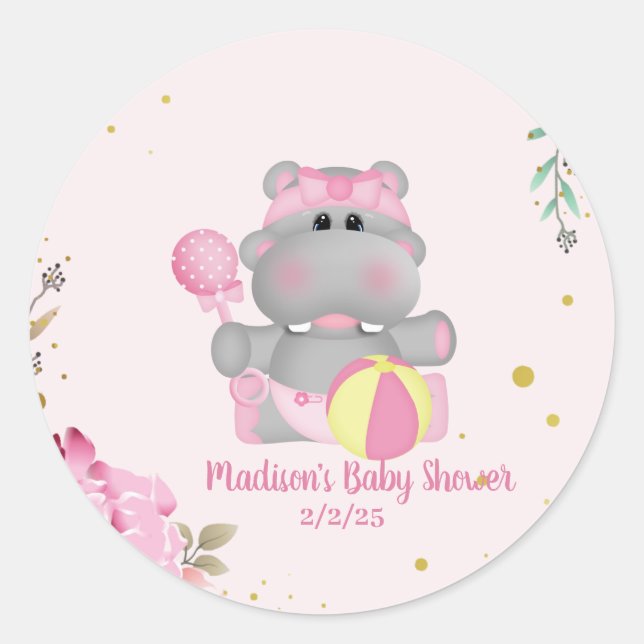 Sticker Rond Baby shower hippo floral mignon (Devant)