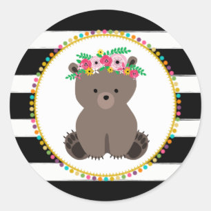 Sticker Rond Baby shower inspiré par l'ours de Boho rayé Pompom