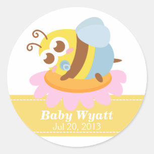 Sticker Rond Baby Shower : joli bébé abeille reposant sur une f