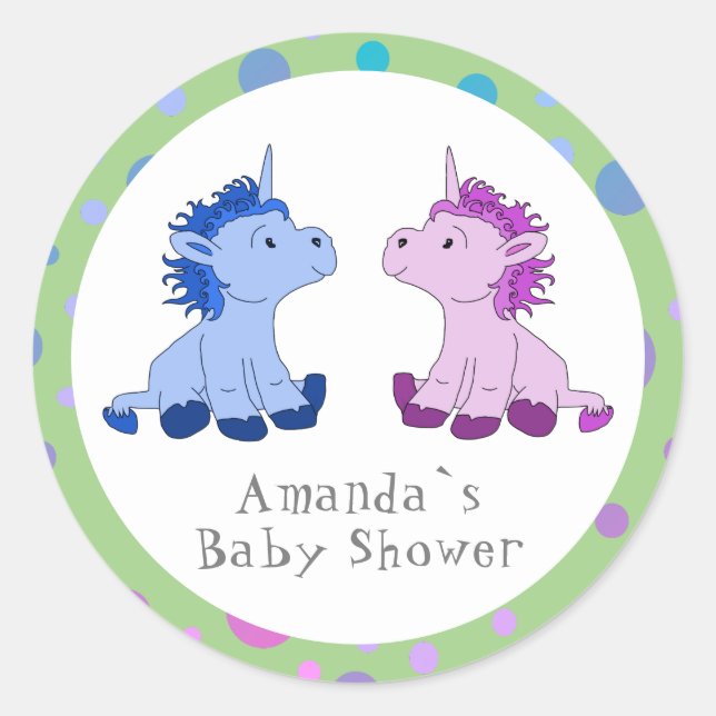 Sticker Rond Baby shower jumeau rose Unicorn (Devant)