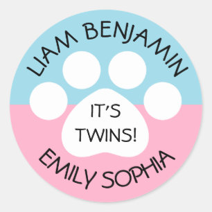 Sticker Rond Baby shower - Jumeaux Fraternal - Thème Empreinte