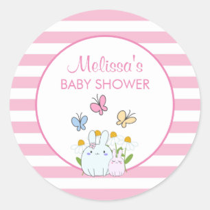 Sticker Rond Baby shower lapins, papillons et marguerites