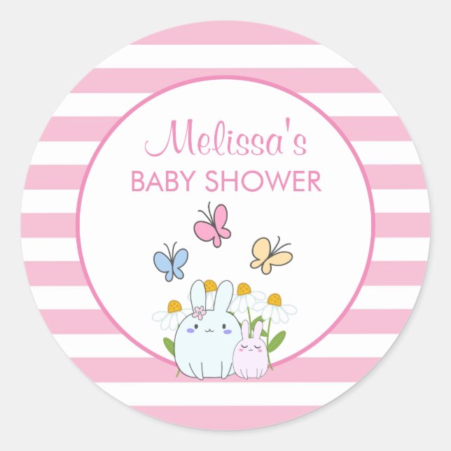 Sticker Rond Baby shower lapins, papillons et marguerites (Devant)