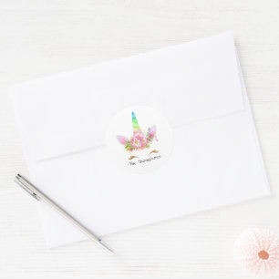 Sticker Rond Baby shower licorne arc-en-ciel florale rose