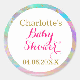 Sticker Rond Baby Shower Licorne Coloré Paillettes Dorées Fille