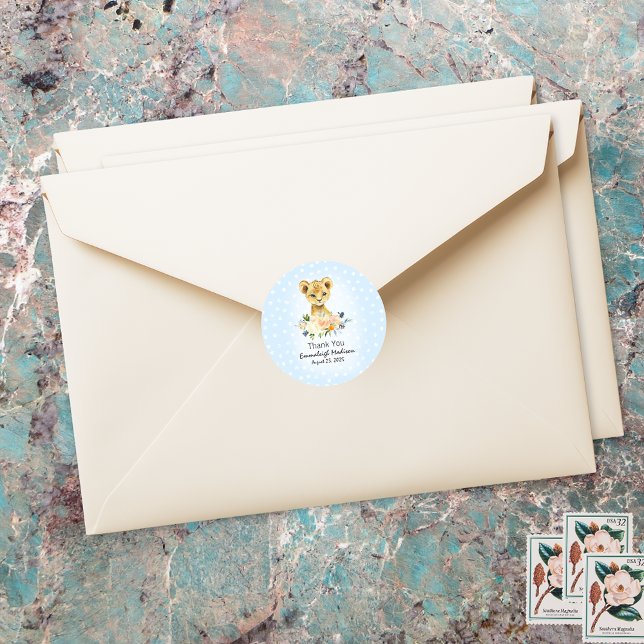 Sticker Rond Baby shower Lion Cub Floral Blue Merci Favoriser (Créateur téléchargé)