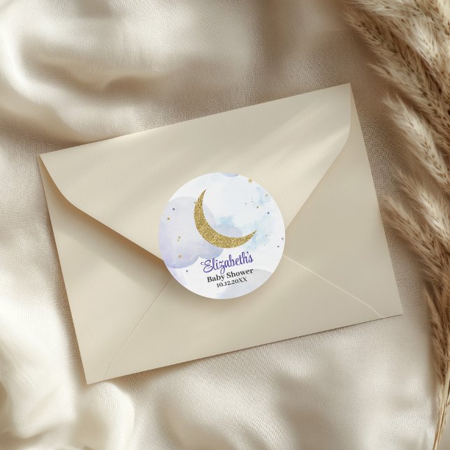 Sticker Rond Baby shower Lune Parties scintillant d'or (Golden Glitter Moon Baby Shower Classic Round Sticker on an elegant envelope)