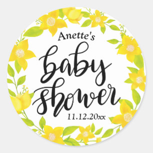 Sticker Rond Baby shower   manuscrit floral jaune