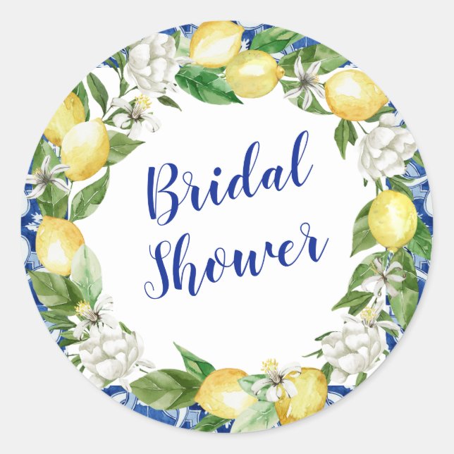 Sticker Rond Baby Shower Mariage Carrelage Bleu Citron (Devant)