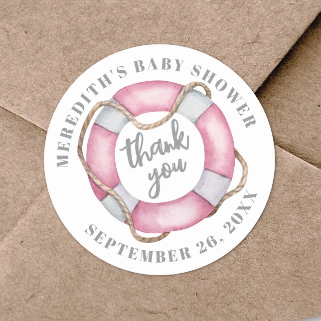 Sticker Rond Baby shower marin pour fille rose (Pink Nautical Baby Shower Classic Round Sticker
)