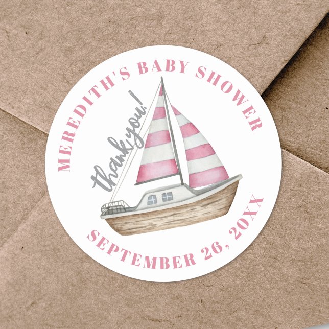 Sticker Rond Baby shower marin rose Merci (Thank You Pink Nautical Baby Shower Classic Round Sticker )