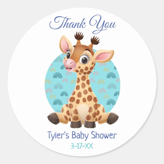 Sticker Rond Baby shower Merci Cute Giraffe do-it-yourself Nom  (Devant)