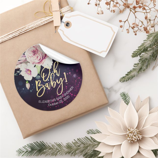 Sticker Rond Baby shower Merci Floral Plumes Purple Lumières (Créateur téléchargé)