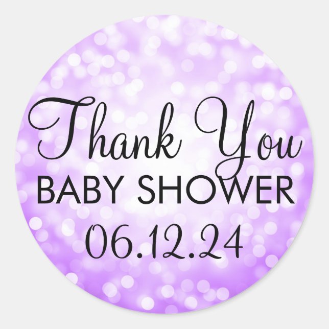Sticker Rond Baby shower Merci Lum de Parties scintillant viole (Devant)