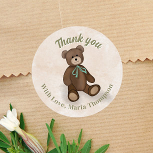 Sticker Rond Baby shower Merci vert ours en peluche