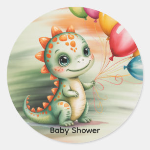 Sticker Rond Baby-Shower Mignon Dinosaure Aquarelle