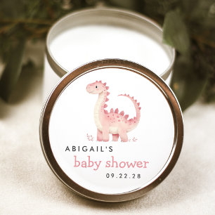 Sticker Rond Baby Shower Mignon Dinosaure Rose Aquarelle