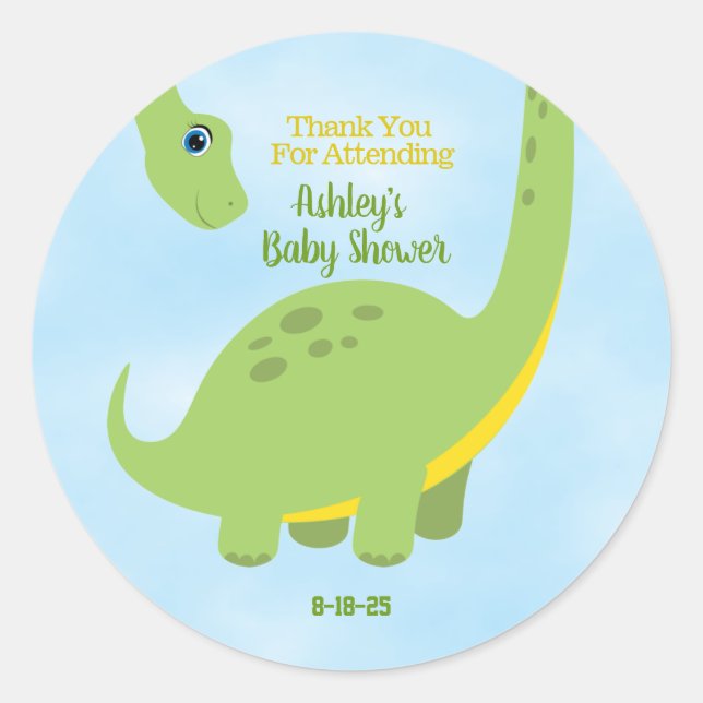Sticker Rond Baby shower mignon personnalisé Dino Merci (Devant)