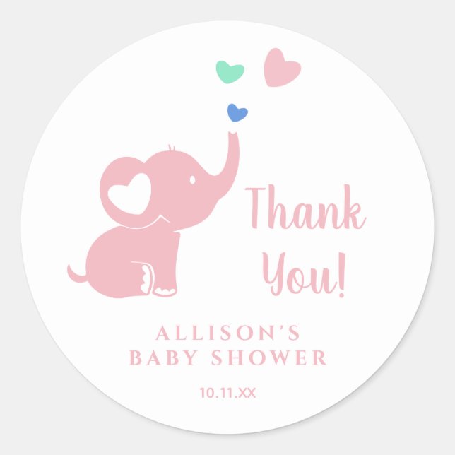 Sticker Rond Baby shower minimal fille rose éléphant Merci (Devant)