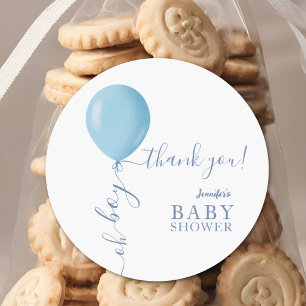 Sticker Rond Baby Shower Minimaliste Ballon Bleu Oh Boy