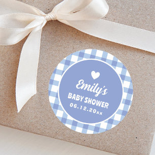 Sticker Rond Baby shower minimaliste simple En vichy bleu