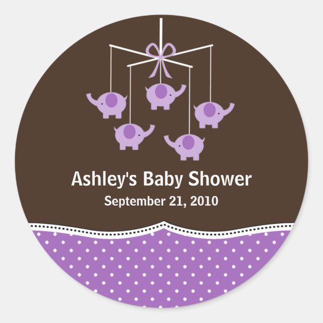 Sticker Rond Baby shower mobile Purple & Brown Elephant (Devant)