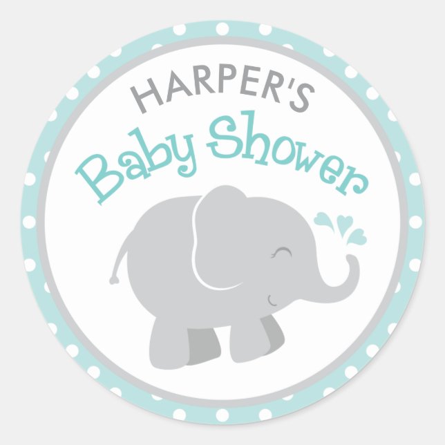 Sticker Rond Baby shower moderne Aqua et Grey Elephant Boy (Devant)
