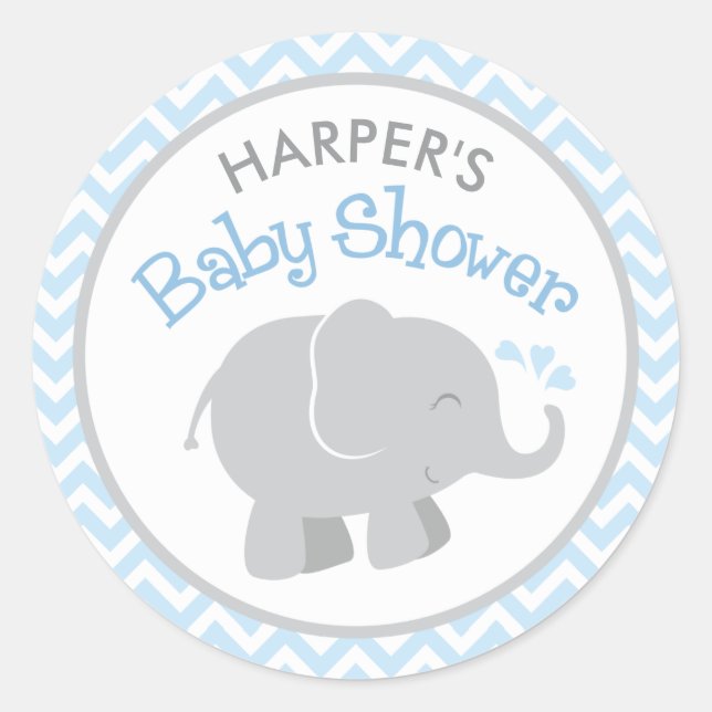 Sticker Rond Baby-Shower Moderne Bleu et Gris pour Garçon Éléph (Devant)
