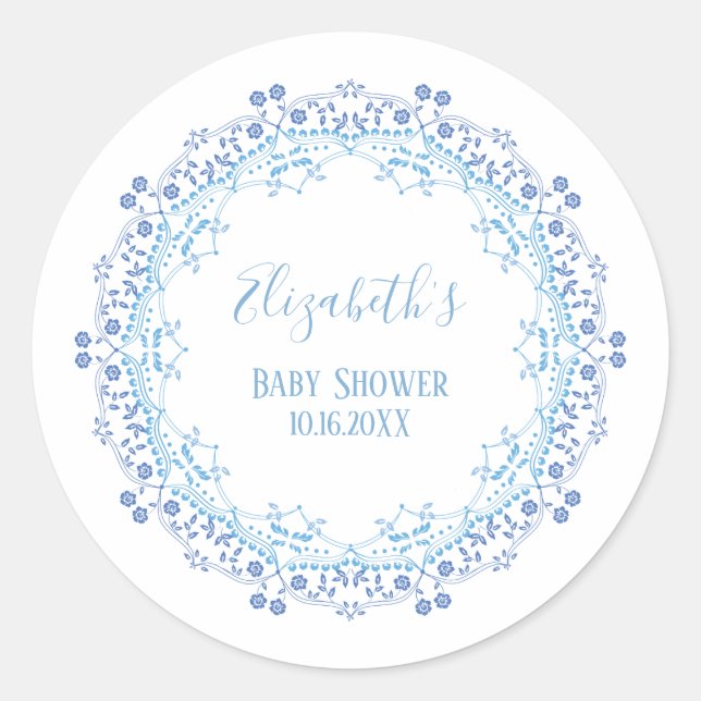 Sticker Rond Baby shower Moderne Bleu Floral Foliage Merci (Devant)