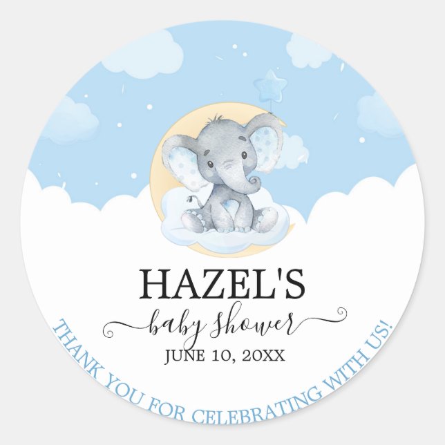 Sticker Rond Baby shower moderne Blue Elephant Boy Merci (Devant)
