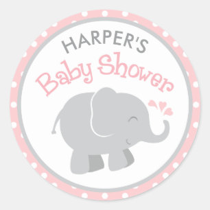 Sticker Rond Baby shower moderne Blush et Grey Elephant Girl