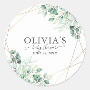 Sticker Rond Baby Shower Moderne Chic Végétal Eucalyptus Or