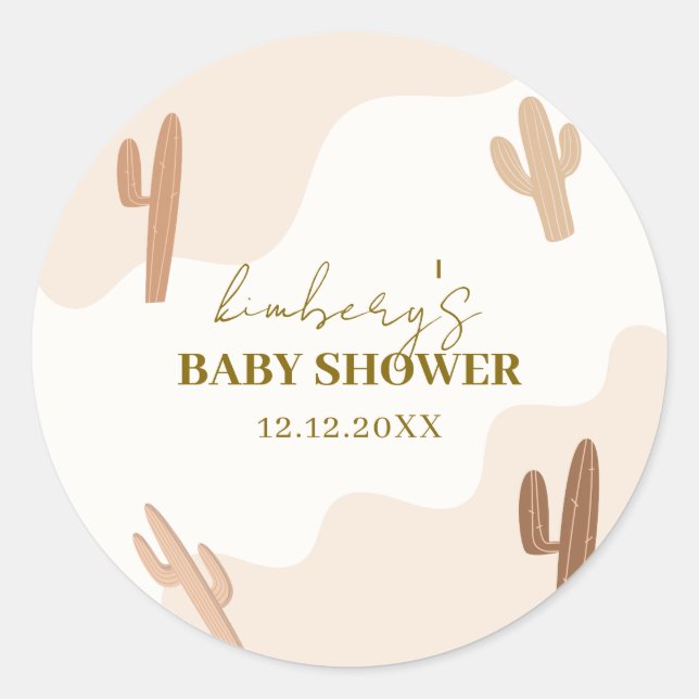 Sticker Rond Baby shower moderne de Boho Cactus neutre par sexe (Devant)