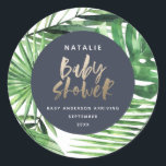 Sticker Rond Baby shower moderne de la marine d'or tropical<br><div class="desc">Baby shower moderne bleu marine et doré tropical feuillage.</div>