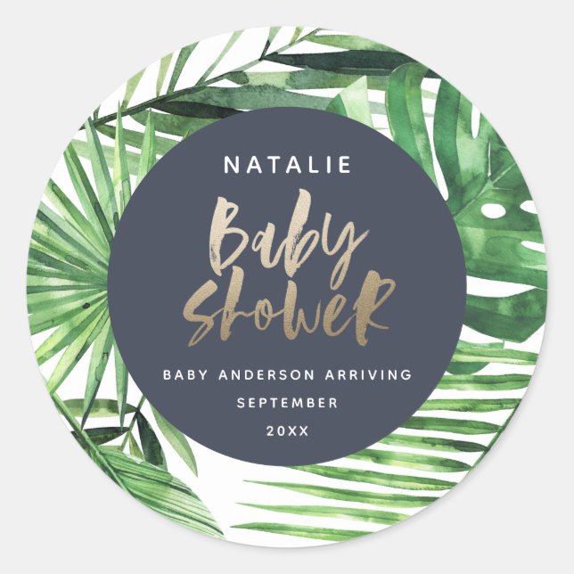 Sticker Rond Baby shower moderne de la marine d'or tropical (Devant)