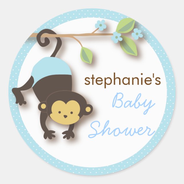 Sticker Rond Baby shower moderne de singe Sweet Boy en bleu (Devant)