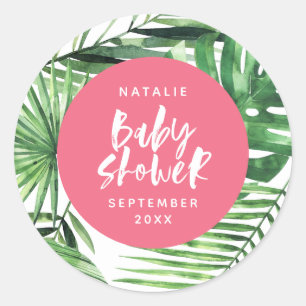 Sticker Rond baby shower moderne de style tropical rose