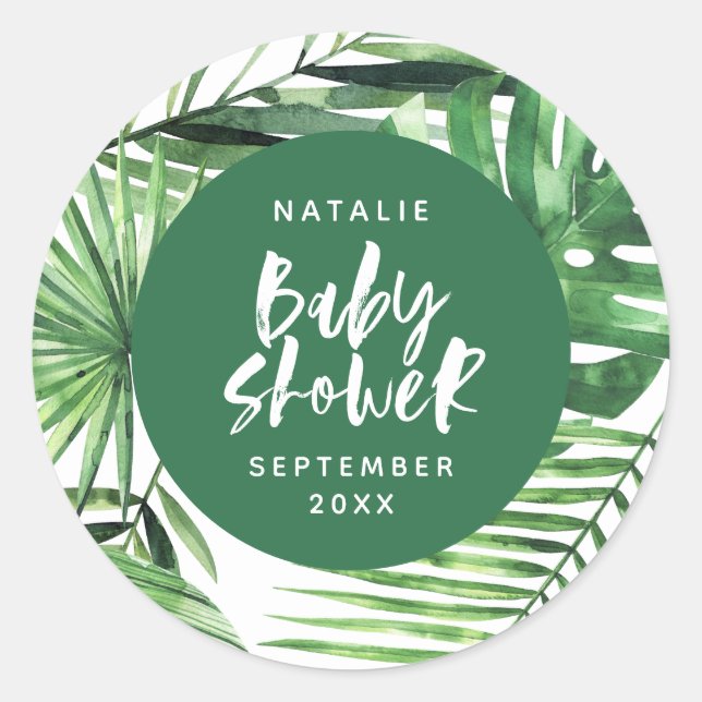 Sticker Rond Baby shower moderne et verdoyant, feuillage tropic (Devant)