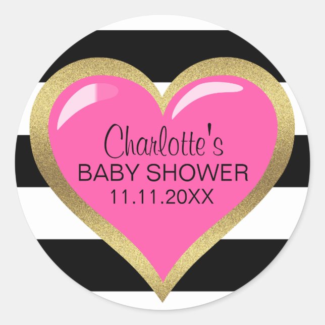 Sticker Rond Baby shower moderne moderne rose Coeur noir blanc (Devant)