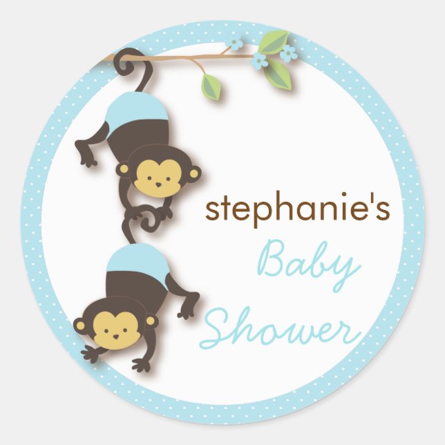 Sticker Rond Baby shower moderne Monkey Twin Boy en bleu (Devant)