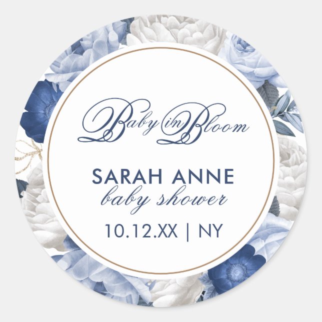 Sticker Rond Baby shower moderne Rustique bleu & blanc (Devant)