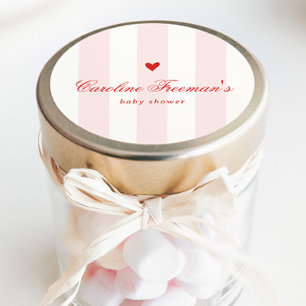 Sticker Rond Baby Shower Moderne Saint-Valentin Cœur Rayé Rose